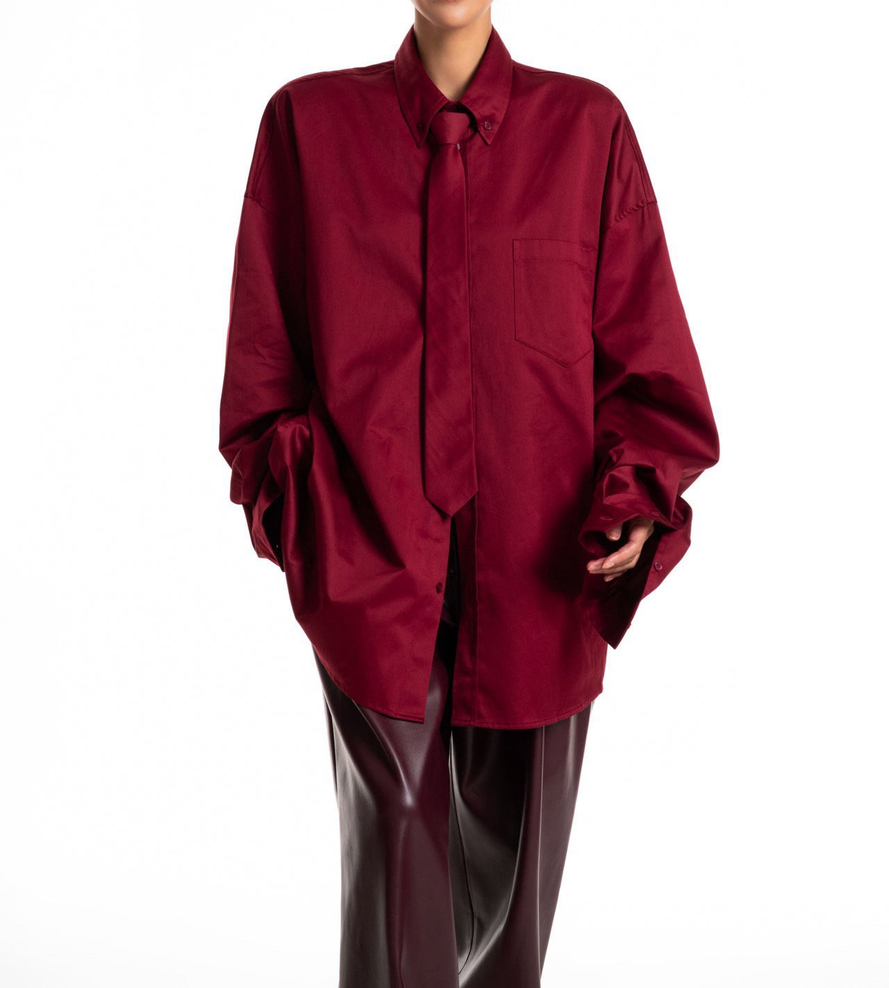 Oversized Neck Tie Button Down Dress - Burgundy