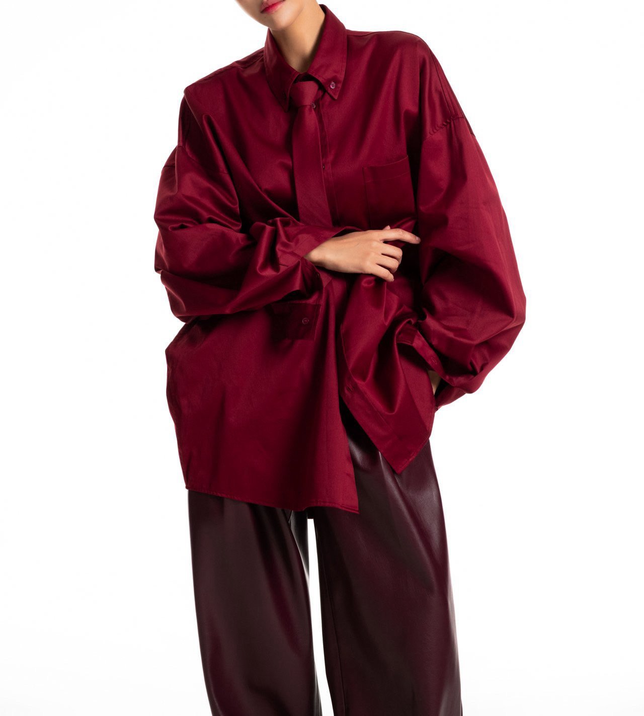 Oversized Neck Tie Button Down Dress - Burgundy