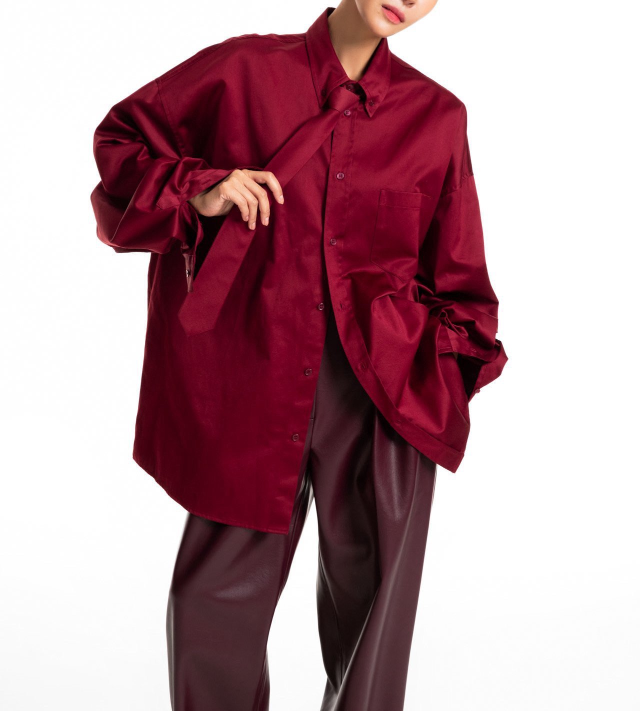 Oversized Neck Tie Button Down Dress - Burgundy