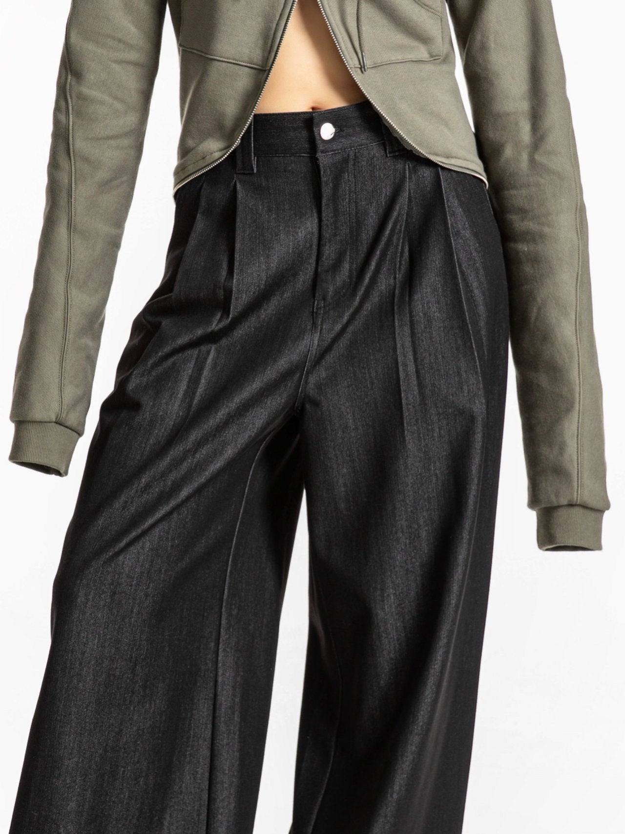 Pleated Detail Twill Denim Wide Trousers