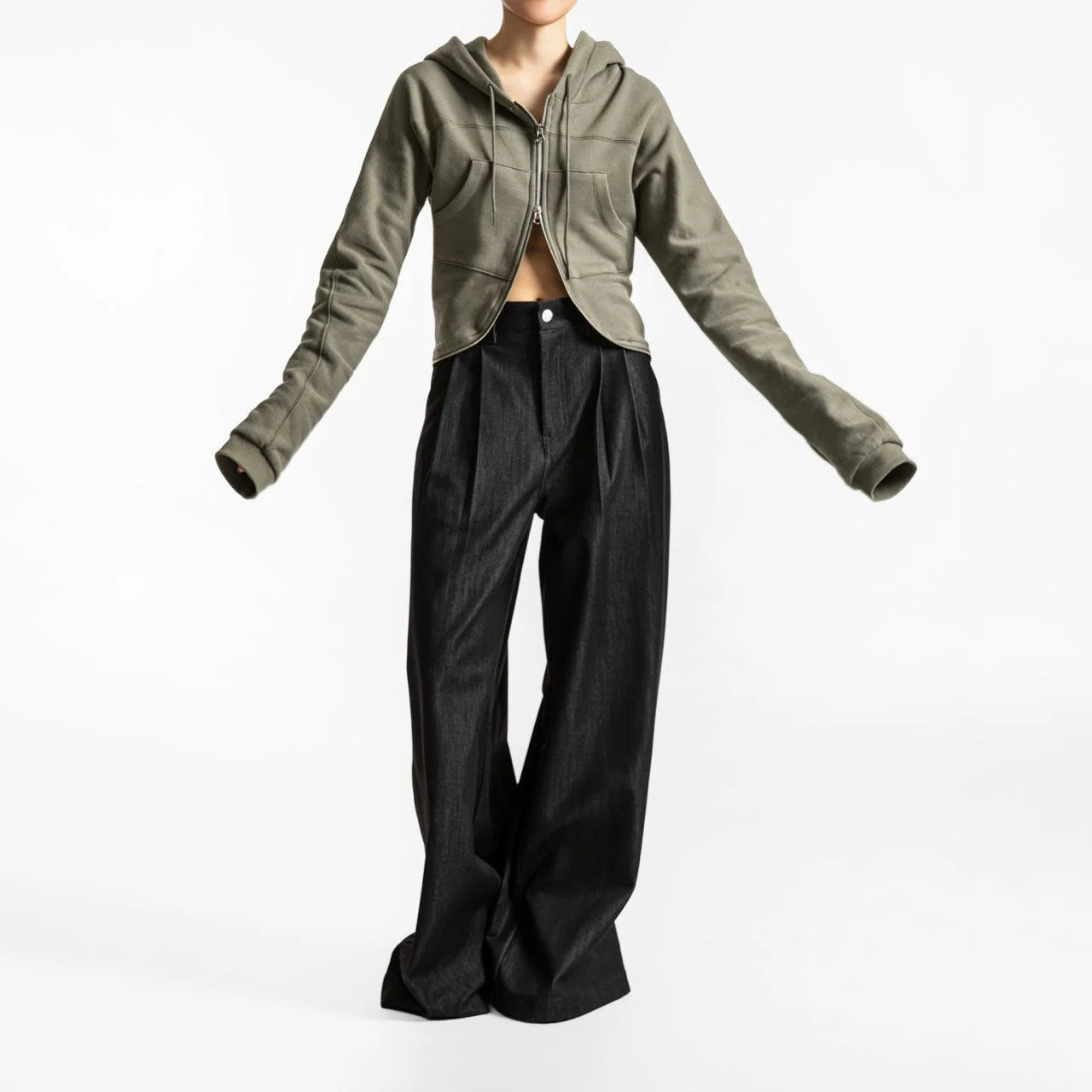 Pleated Detail Twill Denim Wide Trousers