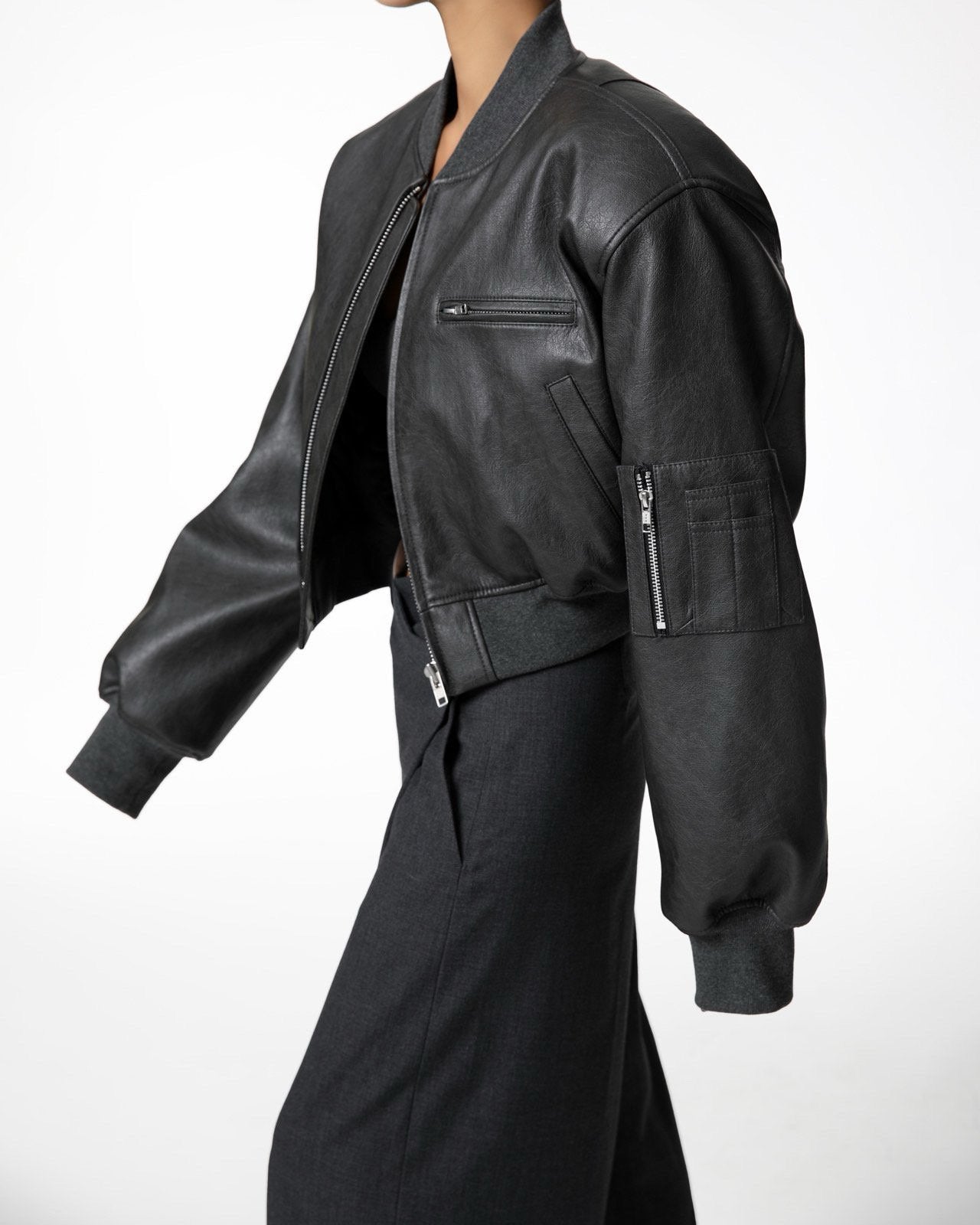 Vegan Cropped Bomber Jacket - Black