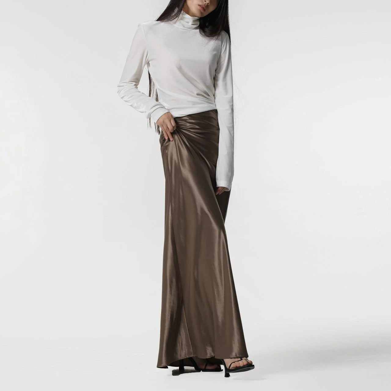Gold Silky Satin High Waisted Maxi Flared Skirt
