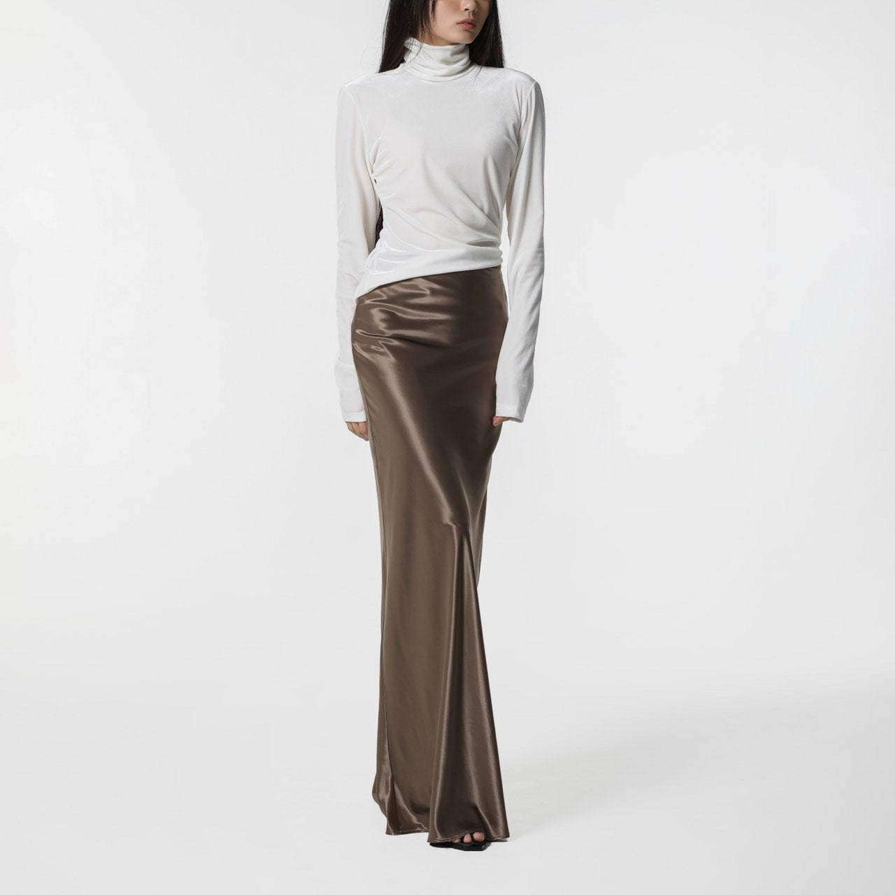 Gold Silky Satin High Waisted Maxi Flared Skirt