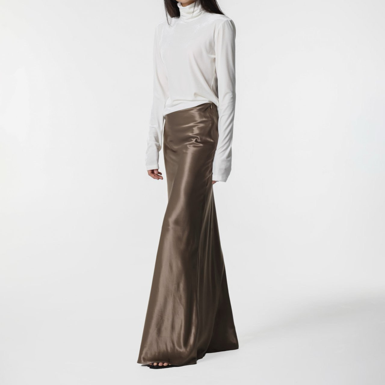 Gold Silky Satin High Waisted Maxi Flared Skirt