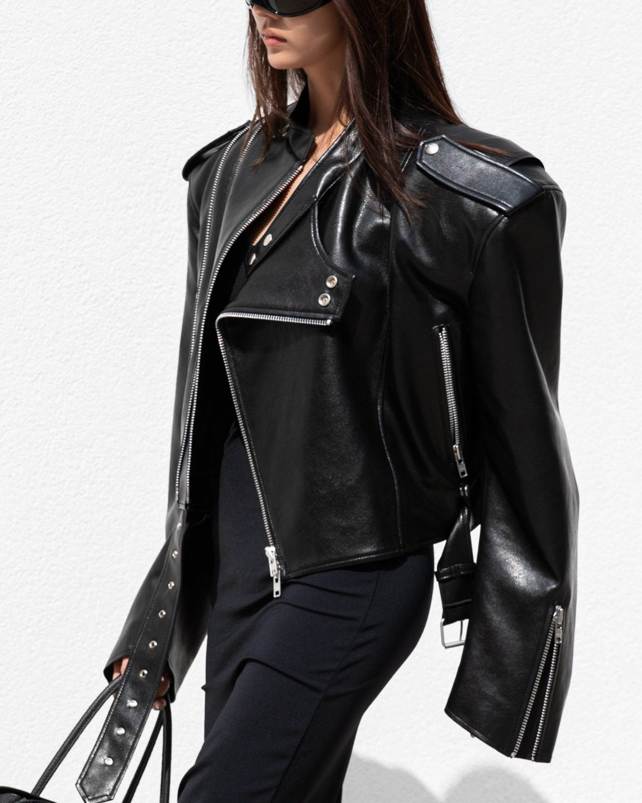 Zipped Vegan Leather Biker Jacket