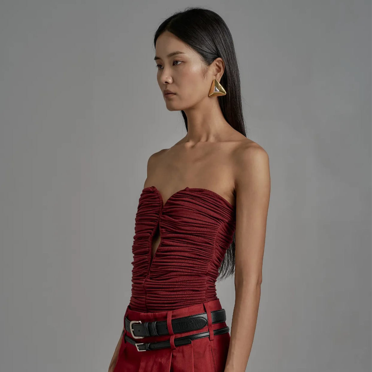 Ruched Strapless Corset Top - Deep Red