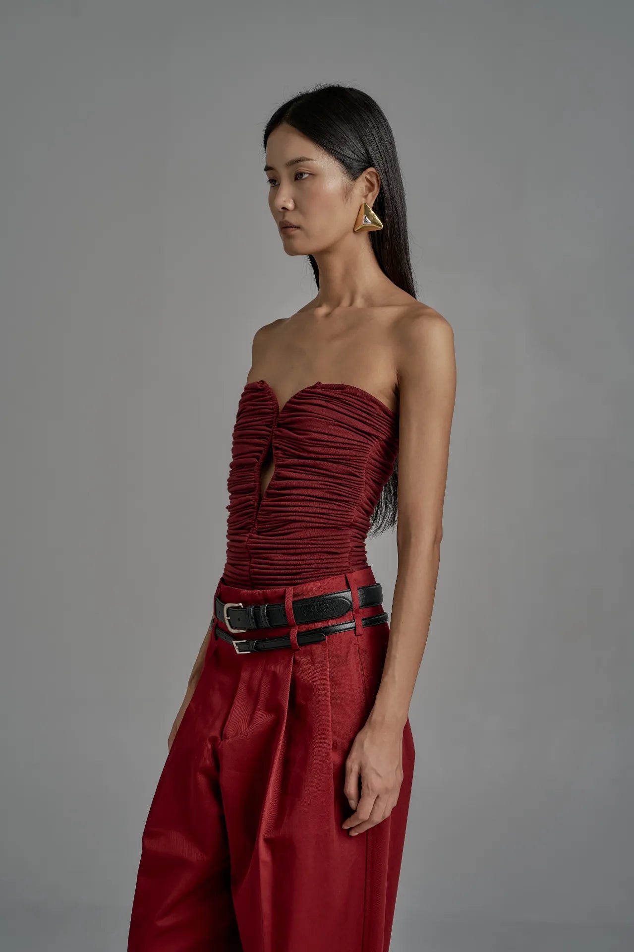 Ruched Strapless Corset Top - Deep Red
