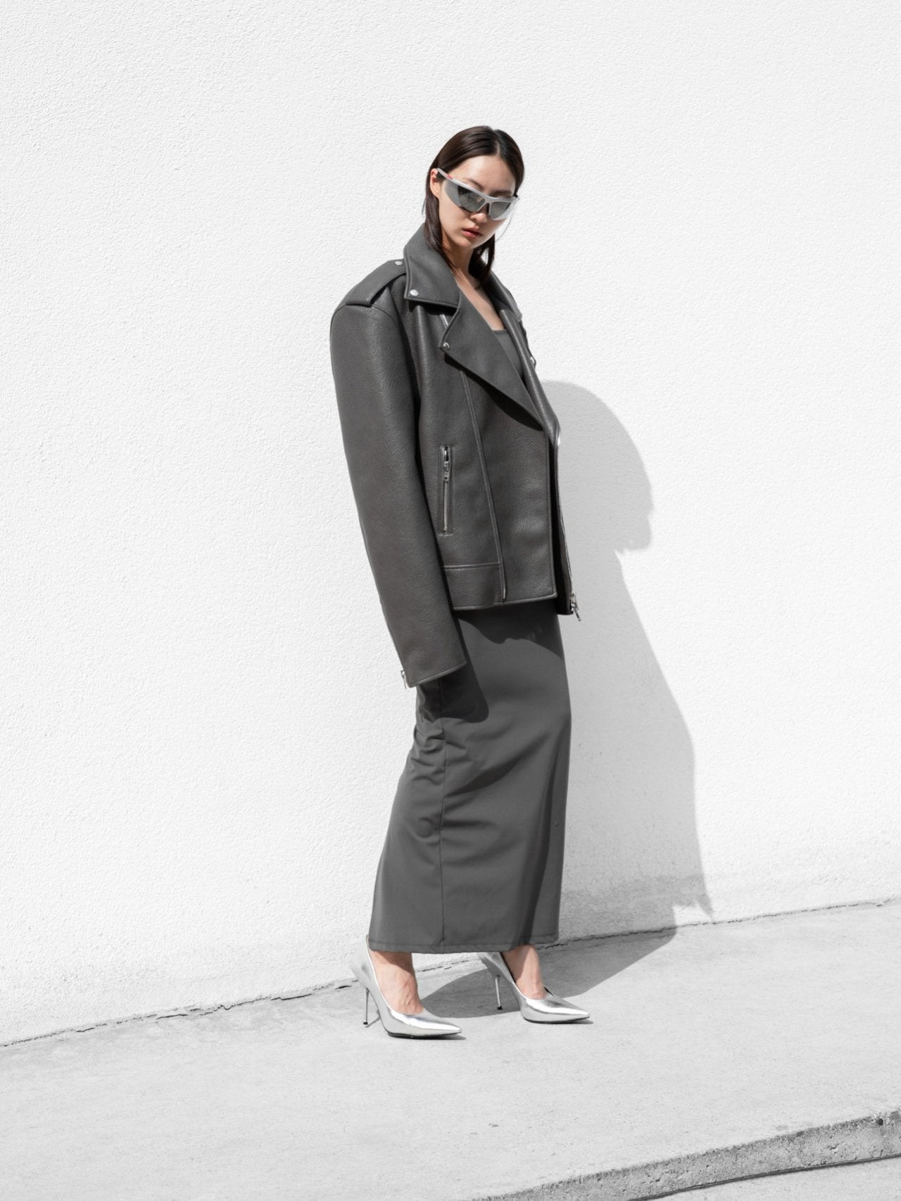 Grey Oversized Chunky Zipped Vegan Leather Biker Jacket