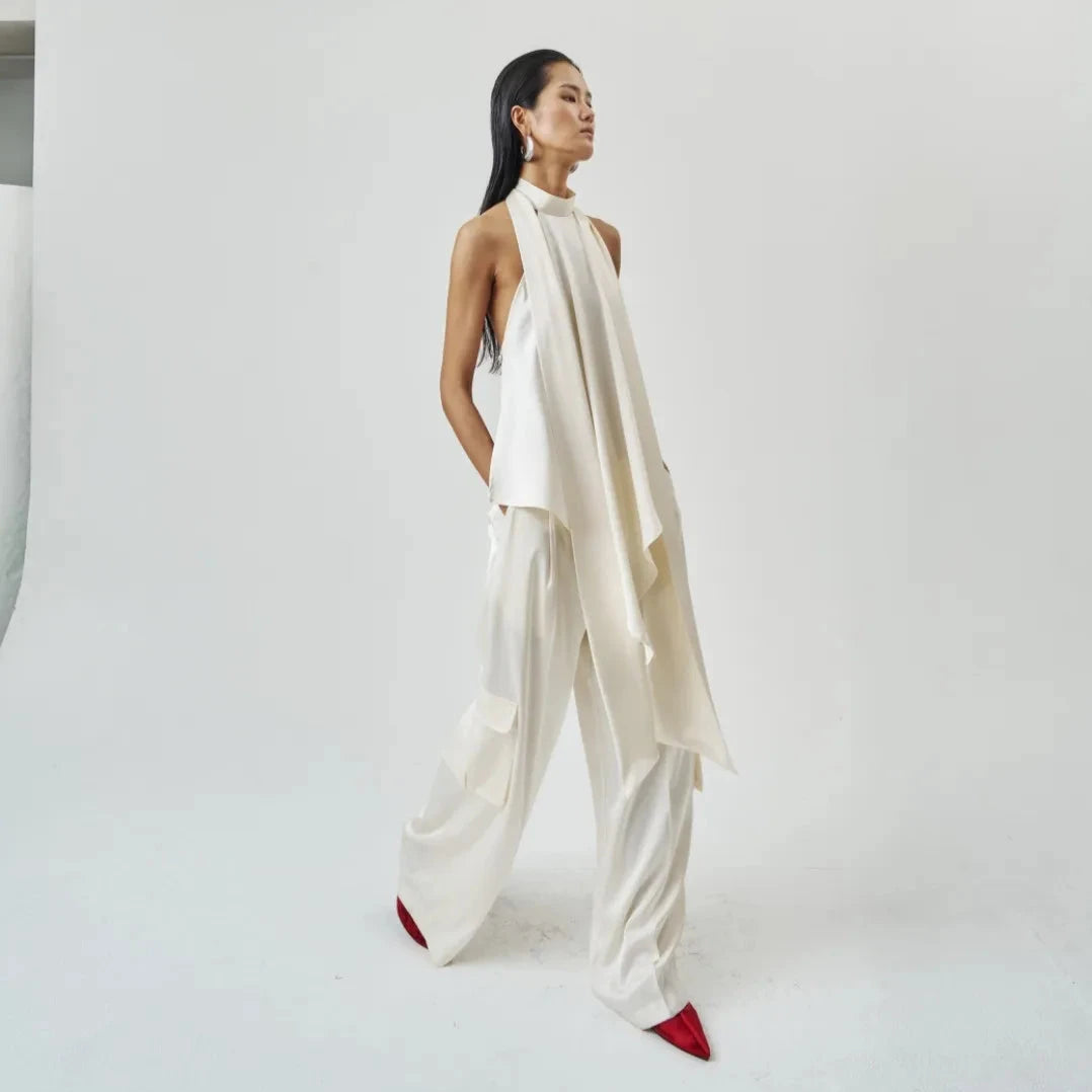 The Ivory Satin Cargo Trouser