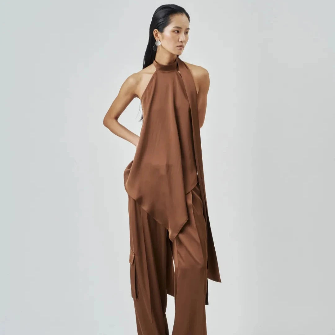 The Brown Satin Scarf Top