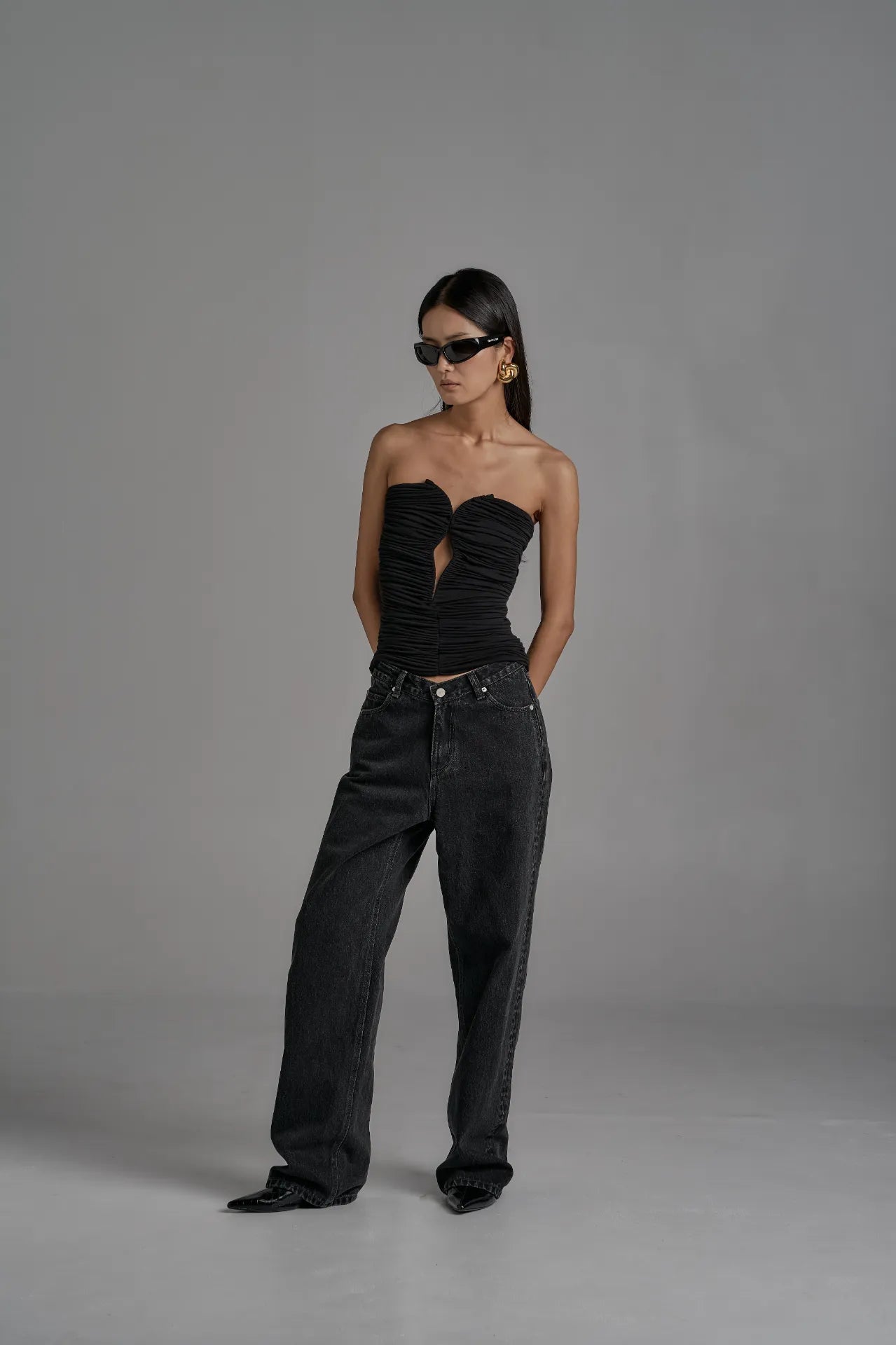 Ruched Strapless Corset Top - Black