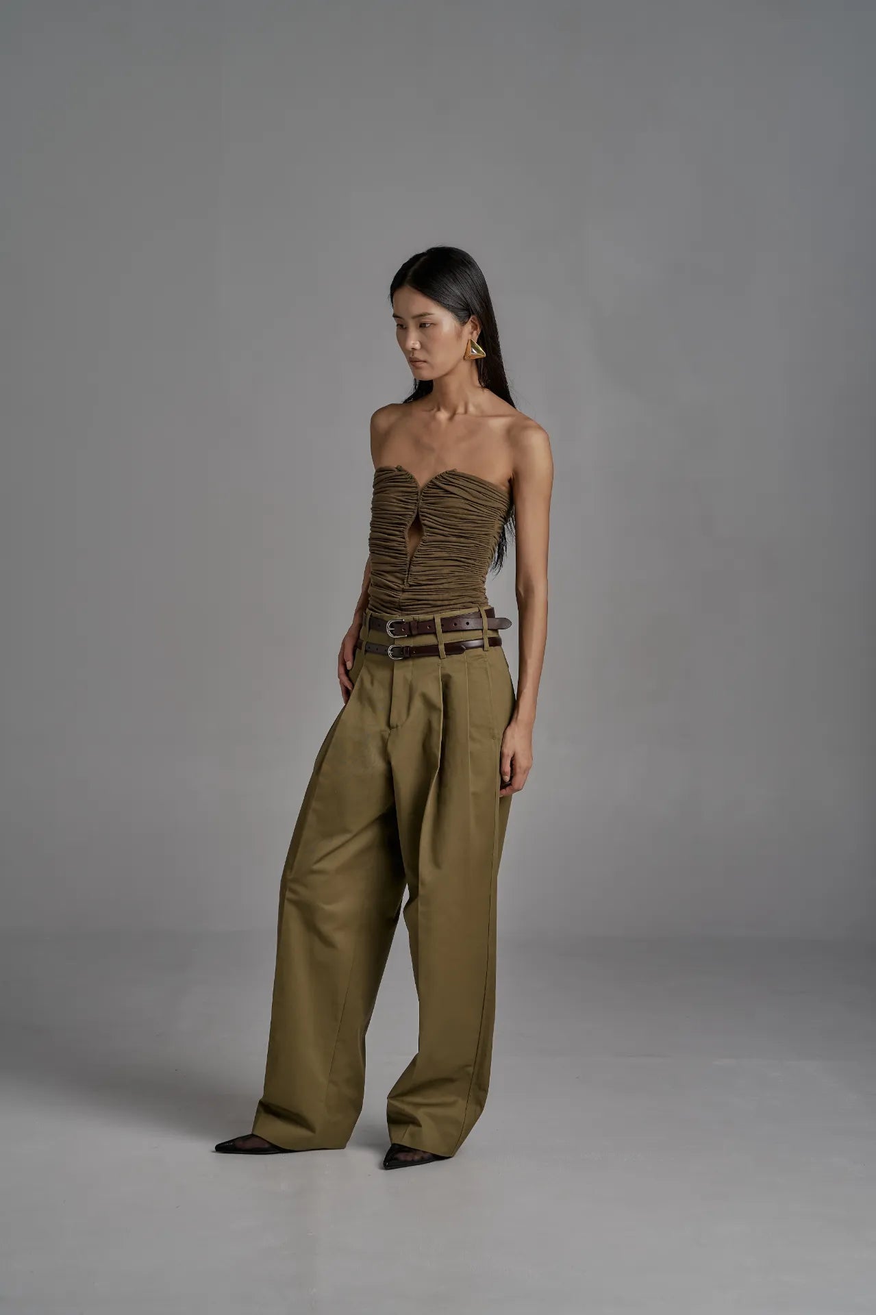Ruched Strapless Corset Top - Olive Green