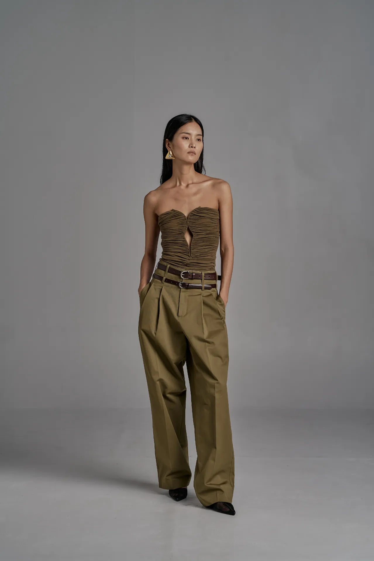 Ruched Strapless Corset Top - Olive Green