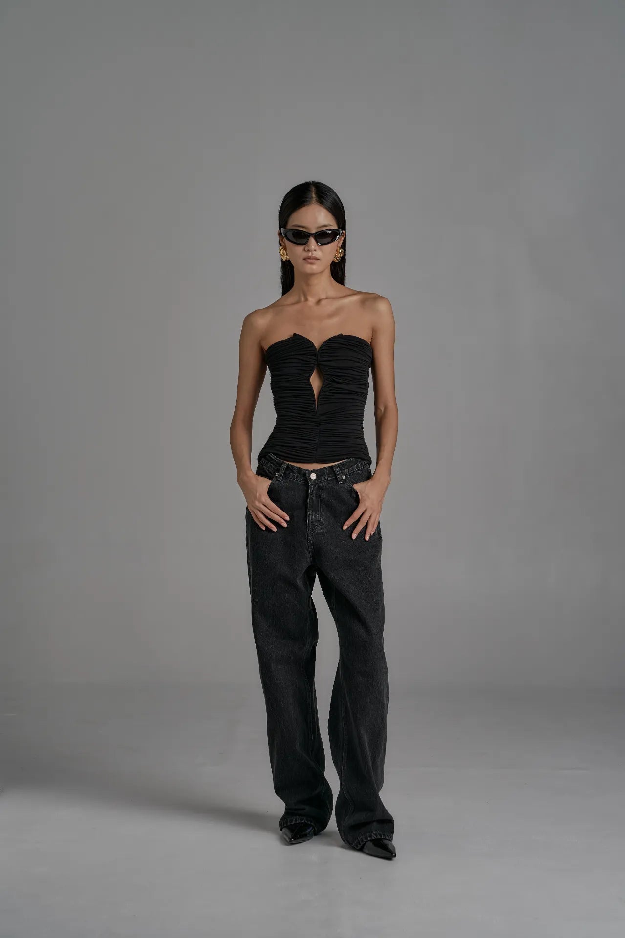 Ruched Strapless Corset Top - Black