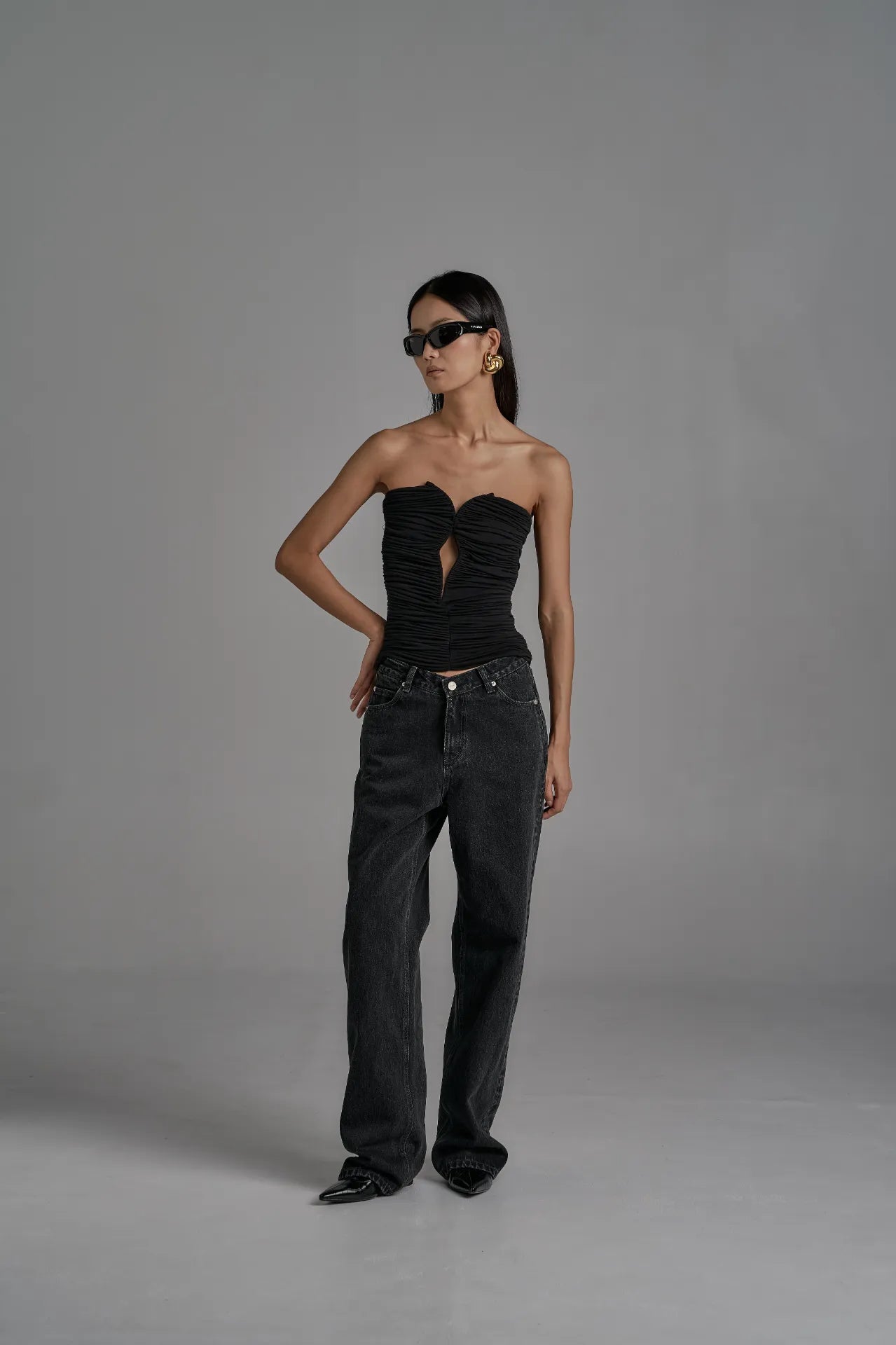 Ruched Strapless Corset Top - Black