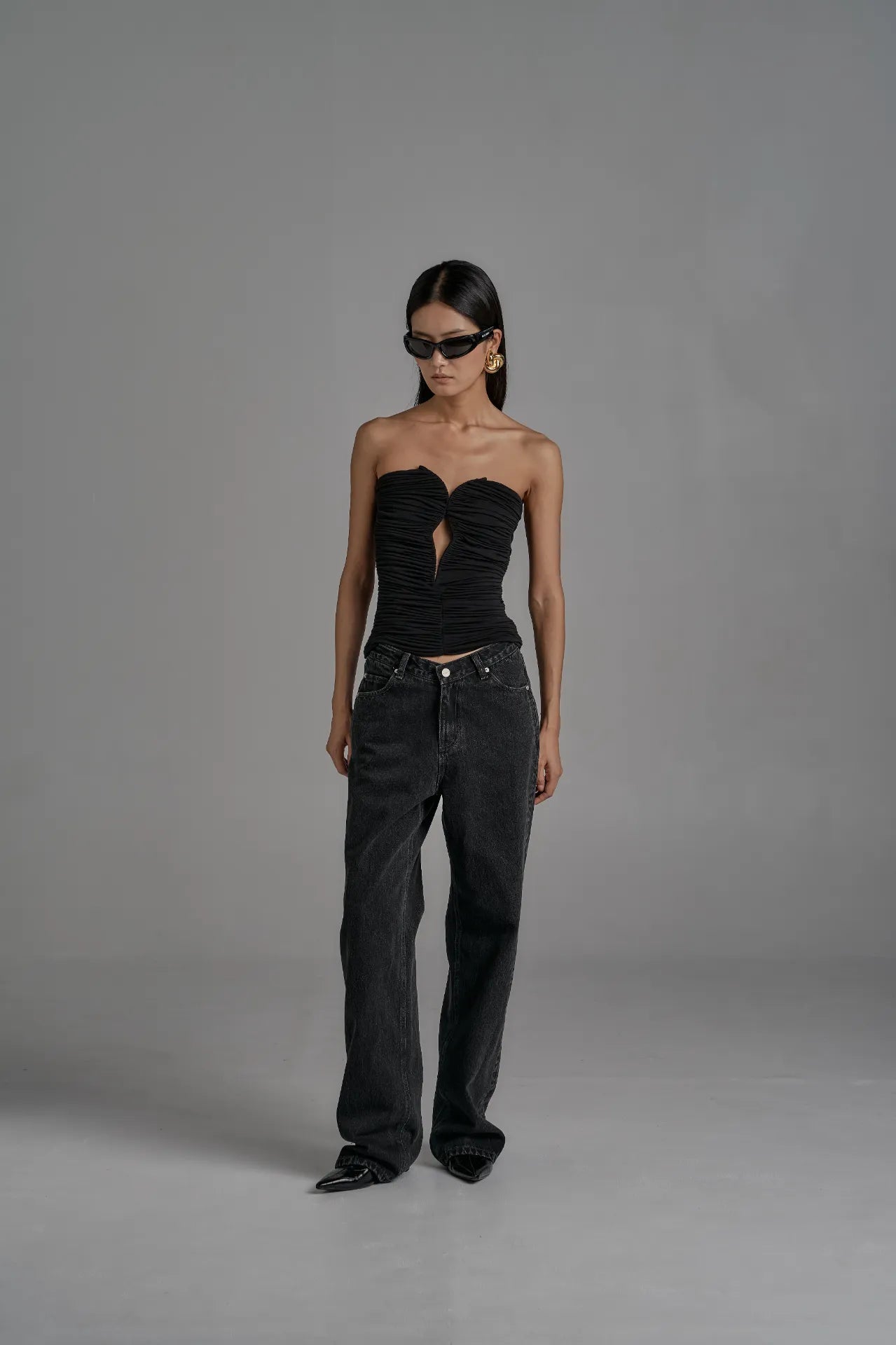 Ruched Strapless Corset Top - Black