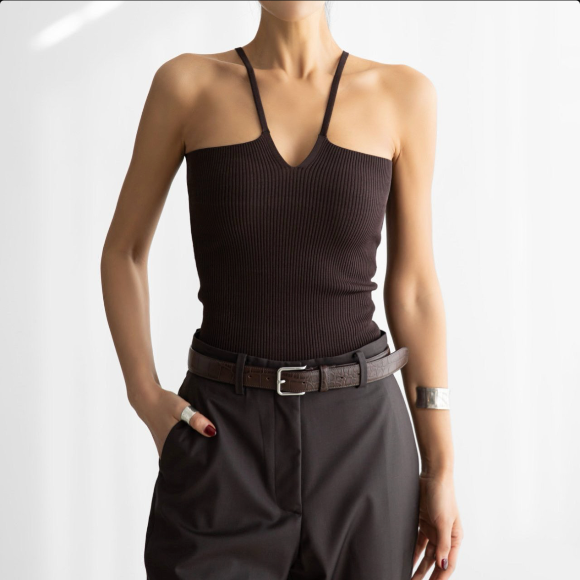 V Strap Knit Sleeveless Top