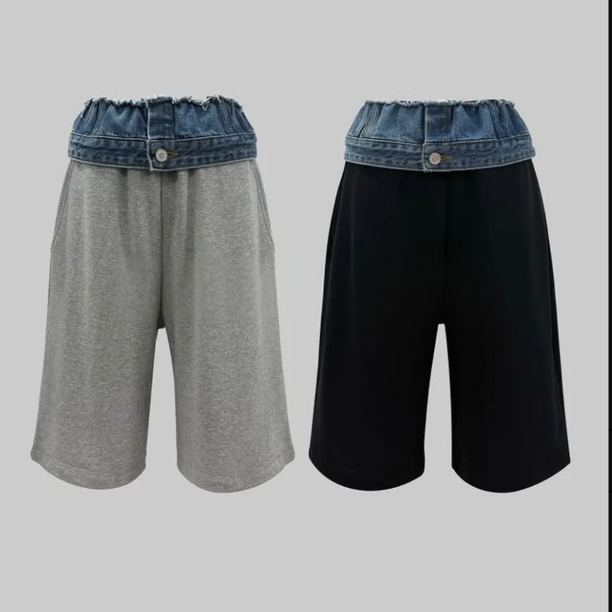 Denim Panel Sweat Shorts
