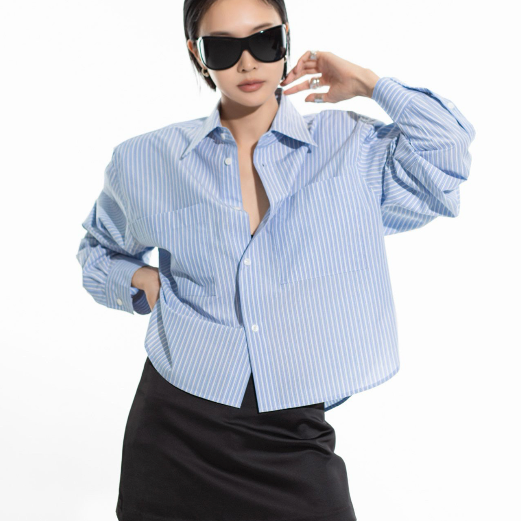 Striped Pocket Detail Cropped Shirt