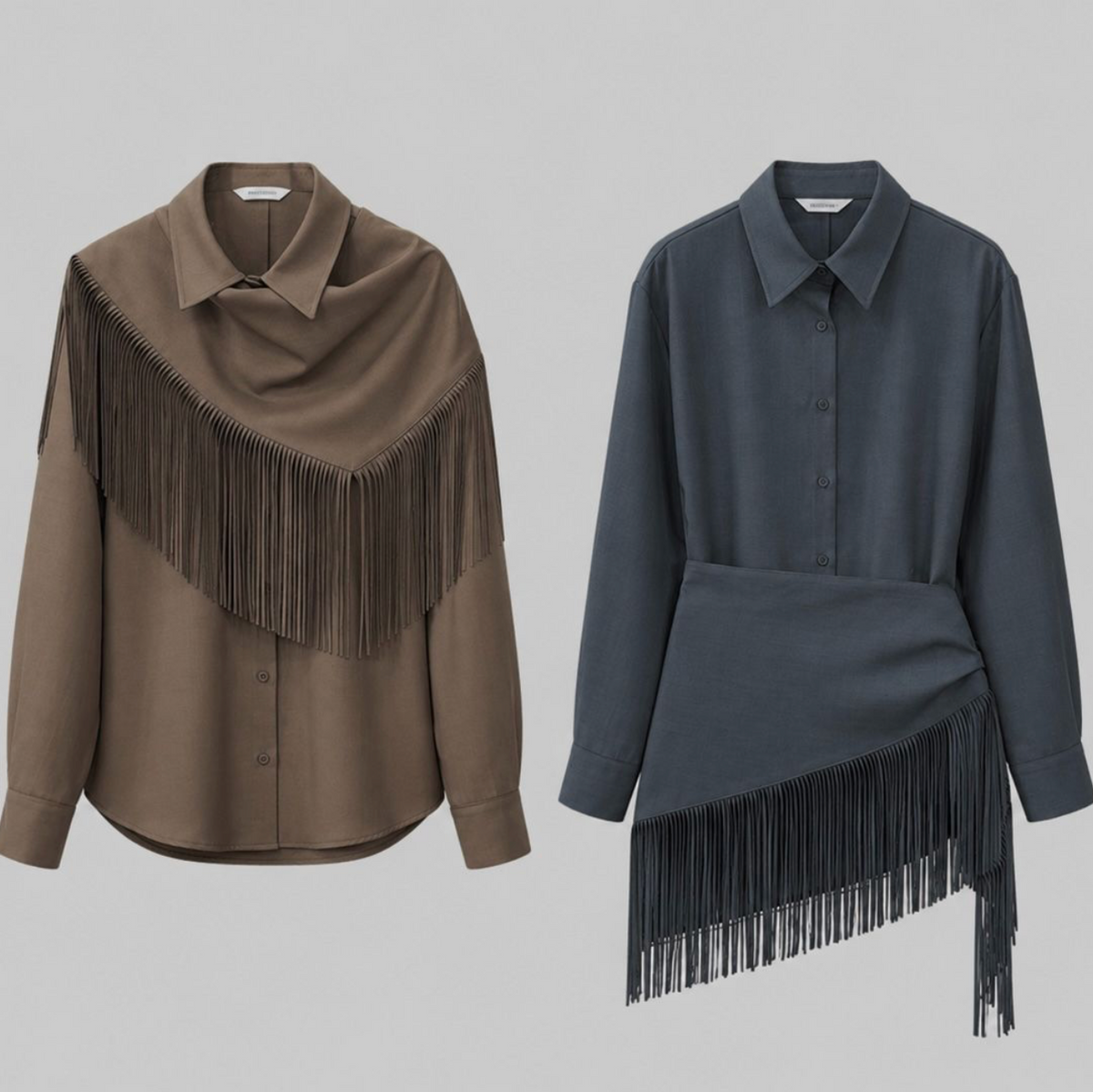 Two long-sleeve collared button-front shirts with fringe details, displayed side by side on a light gray background. The shirt on the left is taupe-brown with a draped fringe across the chest and shoulders.