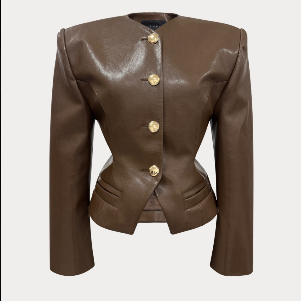 A structured brown faux-leather jacket with gold-tone buttons, displayed on a light gray background.