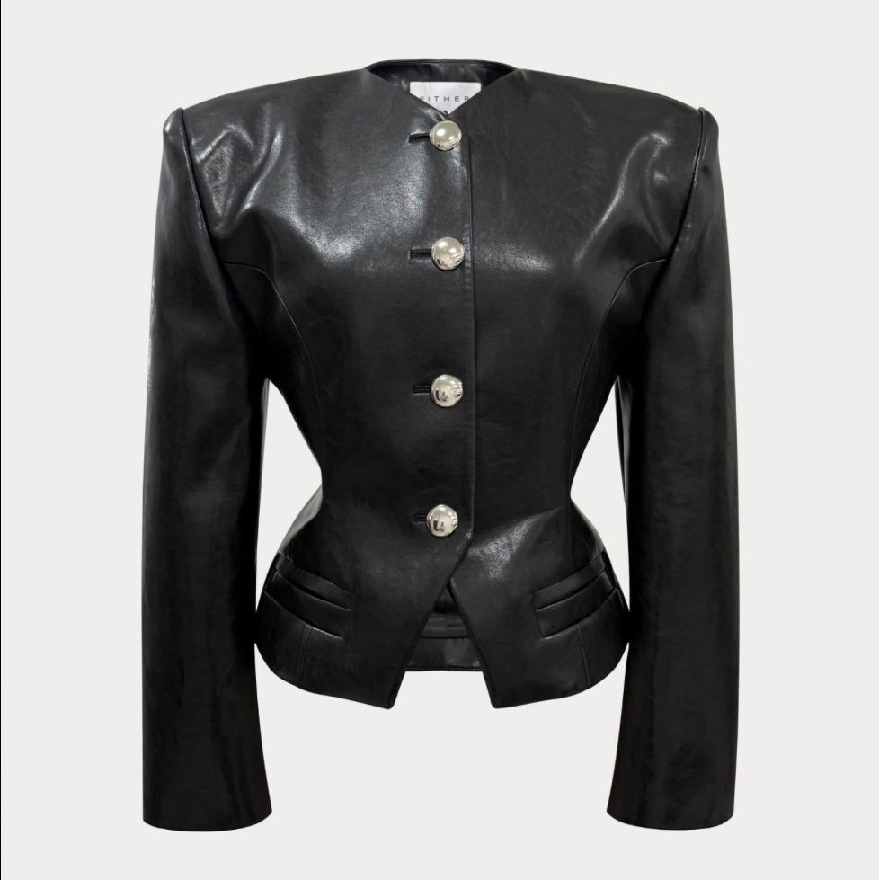 A black leather cropped jacket with structured shoulders, a button-front closure with silver-tone buttons, and a peplum waist, shown against a light gray background.