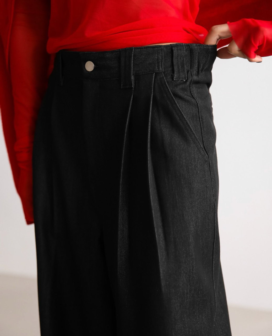 Pleated Detail Twill Denim Wide Trousers
