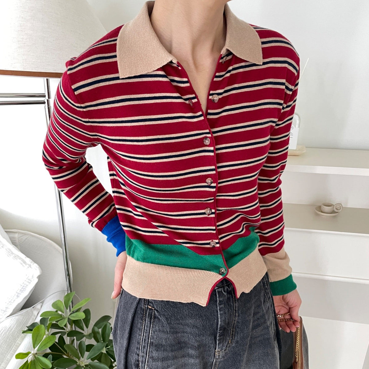 Striped Contrast Knit Cardigan