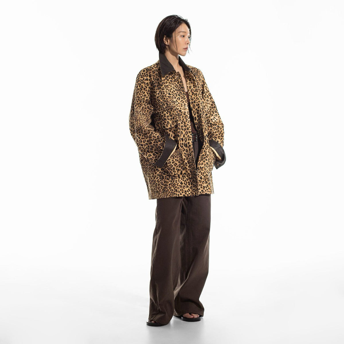 Oversized Leopard Leather Collar Jacket