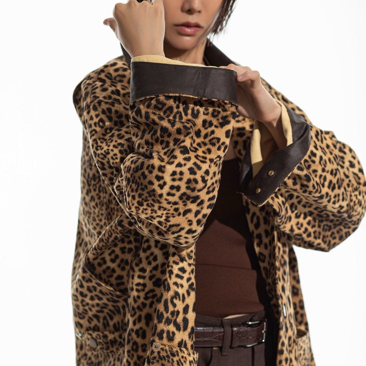 Oversized Leopard Leather Collar Jacket