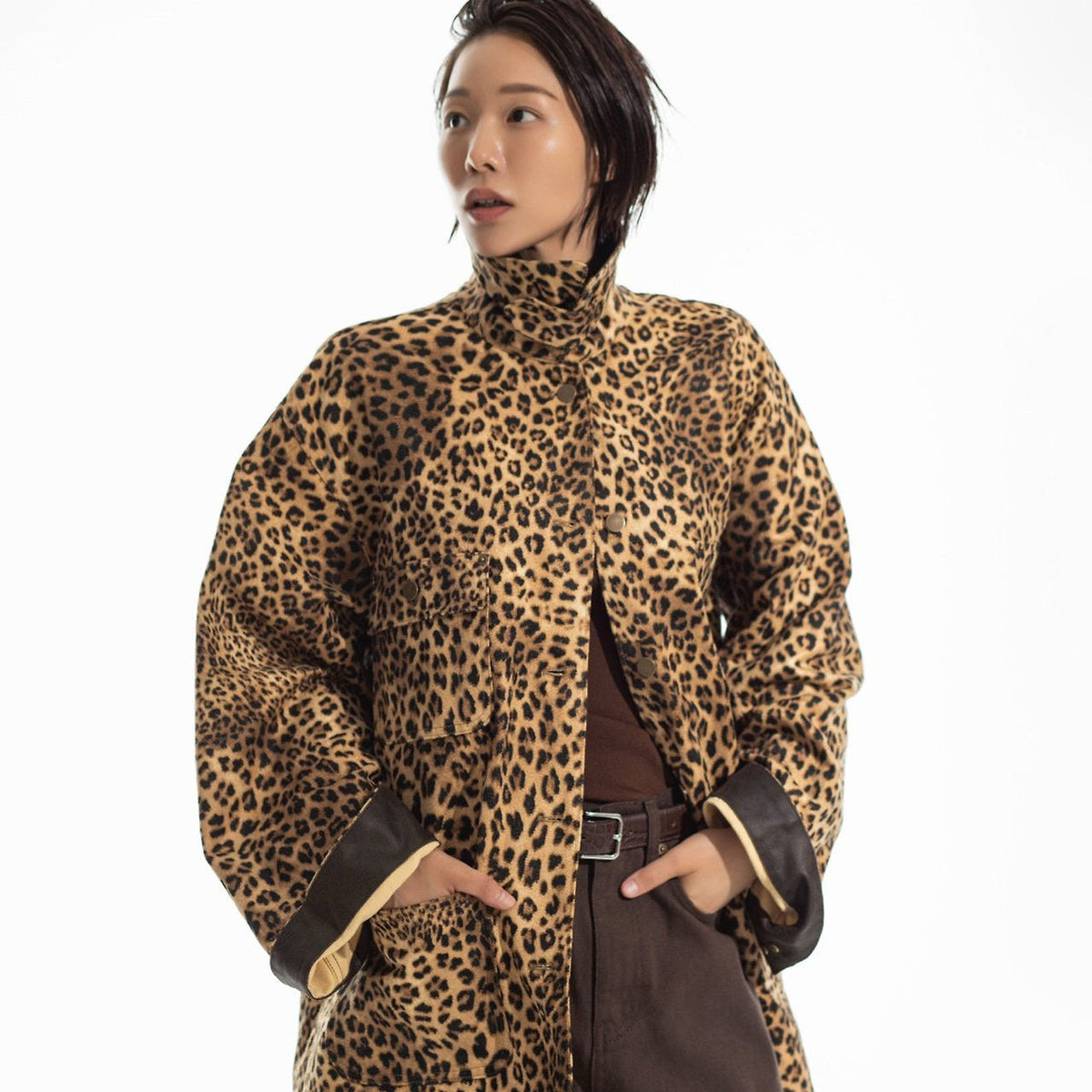 Oversized Leopard Leather Collar Jacket