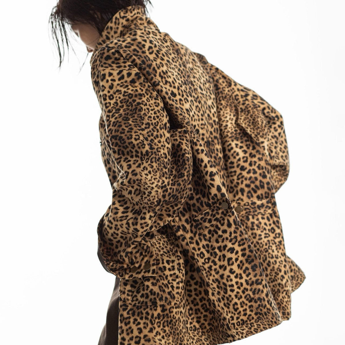 Oversized Leopard Leather Collar Jacket