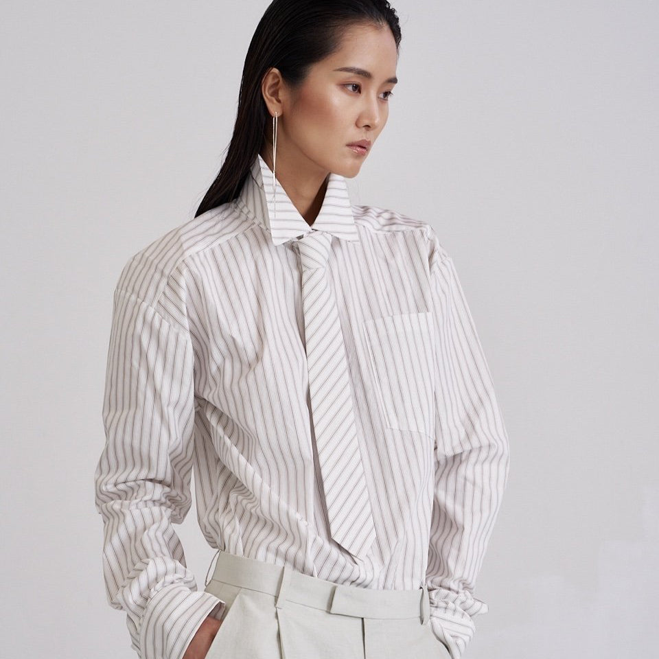 The Pinstripe Statement Shirt- Beige